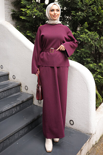 İmajButik Plum Waist Belt Detailed Sweater Skirt Knitwear Set