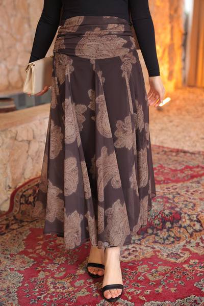 İmajButik Brown Patterned Chiffon Skirt with Drawstring Detail at the Waist a...
