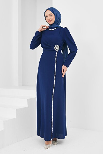 İmajButik Lacivert Drapeli Taş Detaylı Abiye