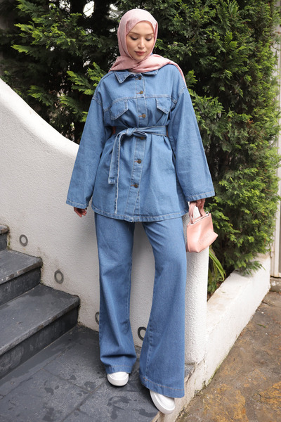 İmajButik Blue Belted Jacket and Trousers Denim Suit
