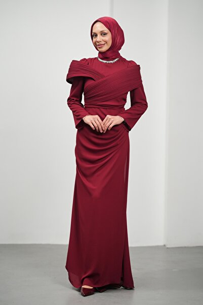İmajButik Bordo Yakası Taş Detaylı Omuzu Kat Drapeli Abiye