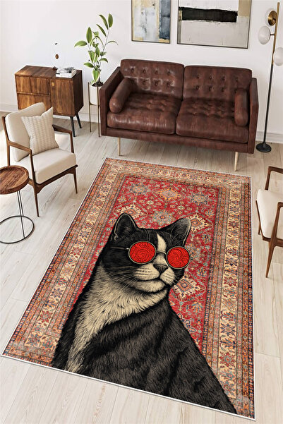 Mortapi Kedi Figürlü Dijital Baskılı Yıkanabilir Kaymaz Taban Salon Oturma Od...
