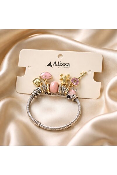 Alissa Accessories Gümüş Renk Figürlü Charmlı Çelik Bileklik
