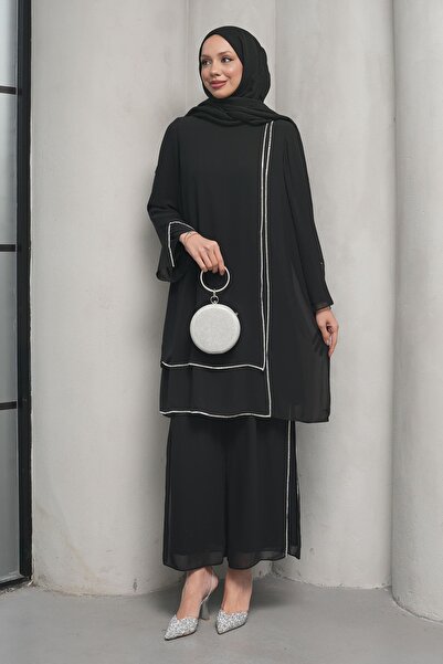İmajButik Siyah Taş Detaylı Tunik Pantolonlu Abiye Takım