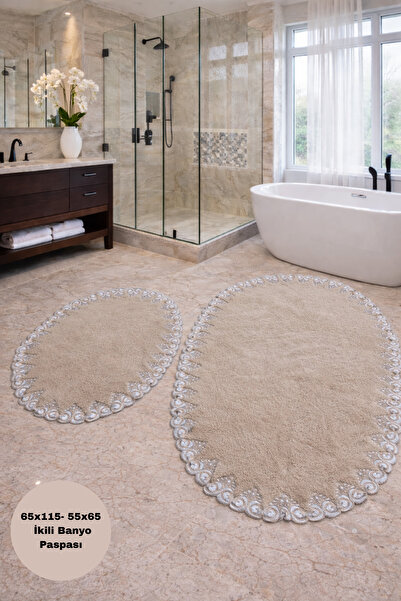 Bestekar Σετ διπλών χαλάκια μπάνιου Alina Beige French Lace με μαλακή επιφάνε...