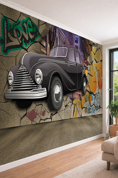dreamwall 3D Retro Araba ve Graffiti - Sokak Sanatı Temalı Tek Parça Tekstil ...
