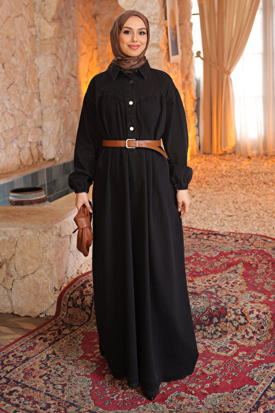 İmajButik Μαύρο τζιν φόρεμα με ελαστικά μανίκια και ζώνη