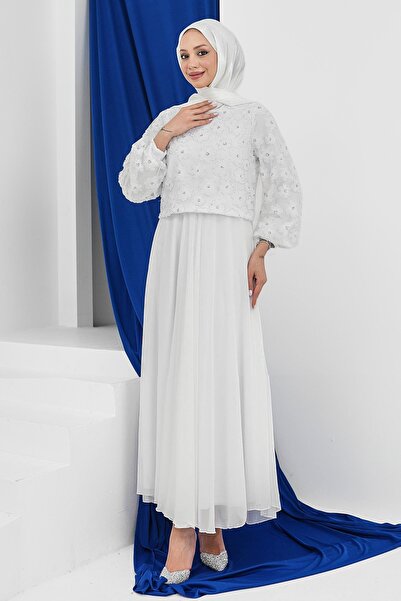 İmajButik Ecru Beaded Embroidered Evening Dress