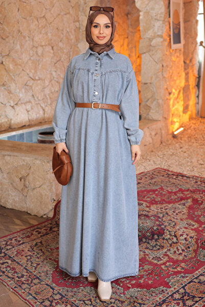 İmajButik Blue Elastic Cuffed Belted Denim Dress