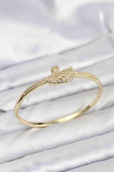 STİLLOVE Brass Gold Color Zircon Stone Swan Model Women's Handcuff Bracelet