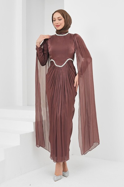 İmajButik Dusty Rose Draped Front Evening Dress with Stones