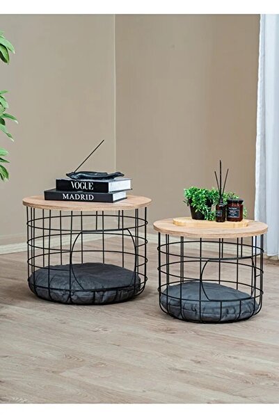 nysamo 2 Li Kedi Yuvalı Sepet Sehpa Metal Gövde Ahşap tabla Minderli Orta Sehpa
