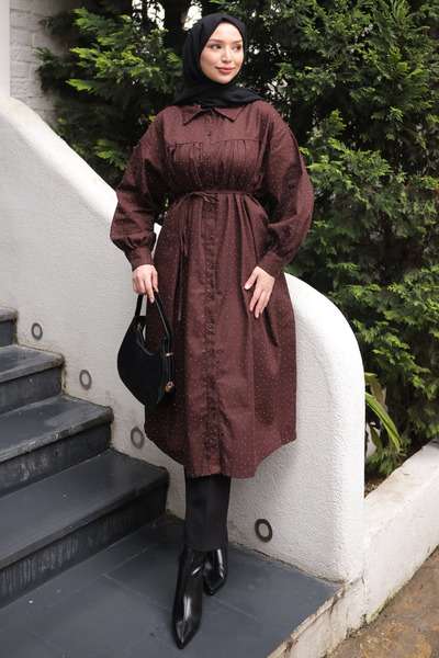 İmajButik Brown Oversize Stoned Buttoned Gabardine Tunic