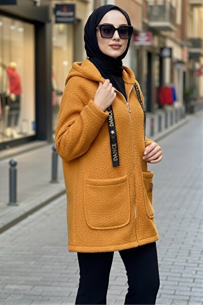 İmajButik Mustard Hooded Zippered Boucle Jacket
