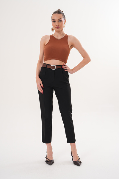 THE WOOW Women's High Waist Pleated Carrot Cut Black Trousers with Belt Acces...
