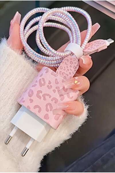 Fibaks iPhone 18W/20W/25W Pembe Leopar Şarj Aleti Koruyucu Şarj Kablosu Örme ...