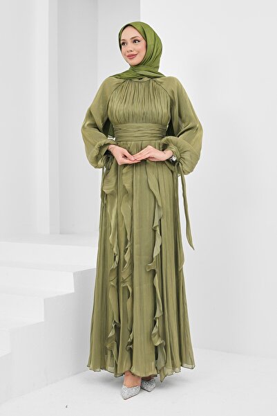 İmajButik Oil Green Draped Front Sleeve Tie Evening Dress