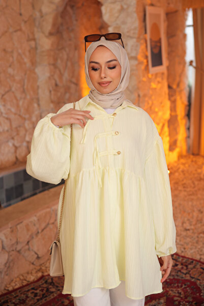 İmajButik Yellow Elastic Sleeves Buttoned Front Ribbed Tunic