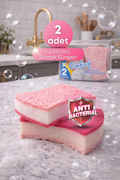 grimorlife 2 Adet Premium Pembe 3 Katmanlı Bulaşık Süngeri – Özel Dokulu Mutf...