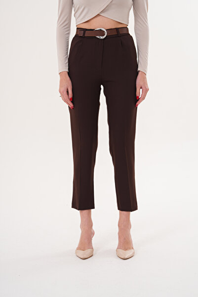 THE WOOW Women's High Waist Pleated Carrot Cut Brown Trousers with Belt Acces...