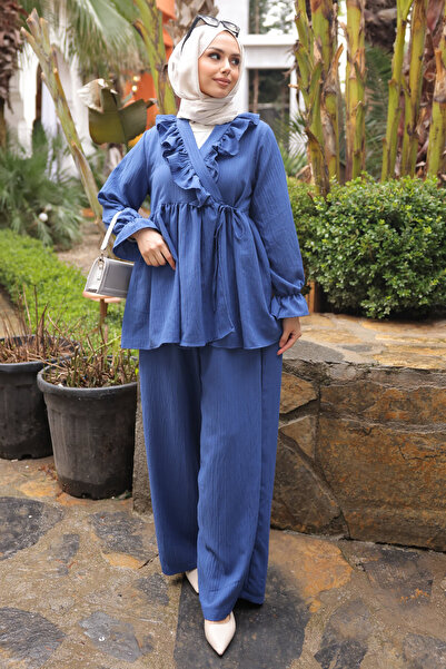 İmajButik Saks Blue Collared Ruffle Tunic Pants Set