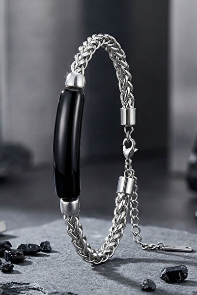 OSMANLI GÜMÜŞ Erkek Çelik Bileklik Siyah Oniks Doğal Taşlı Kral Çelik Zincir ...