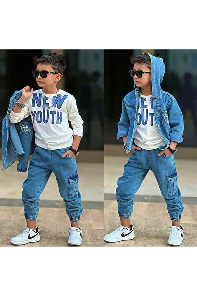 My Kids Wear Jachetă, pantaloni și tricou din denim cu glugă pentru băieți (3...