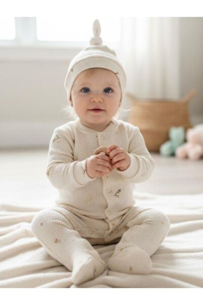 Zekids Baby Girl Textured Pique Fabric Cotton Hat and Booties Jumpsuit