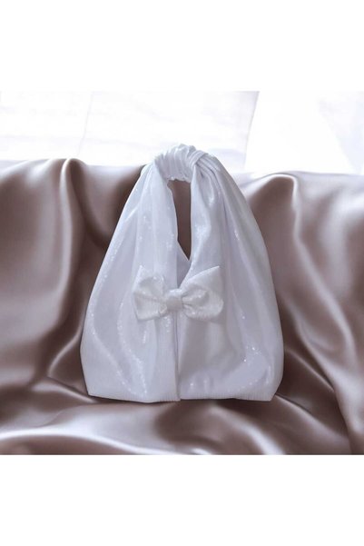 diclecollection Women's White Sequin Detailed Evening Dress Bag with Bow Detail/ Sports Use Bag