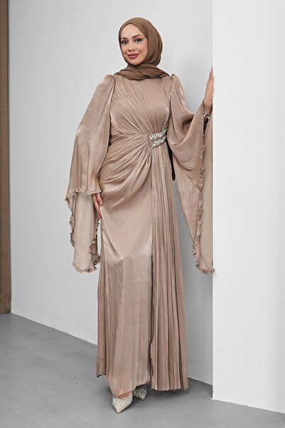 İmajButik Mink Waist Stone Detailed Chiffon Evening Dress