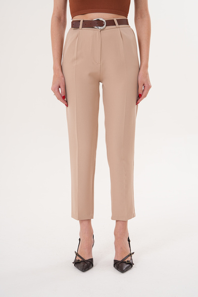 THE WOOW Women's High Waist Pleated Carrot Cut Beige Trousers with Belt Acces...