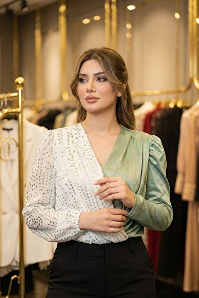 CRYSTALİA V Yaka Su Yeşili & Beyaz İki Parça Bluz