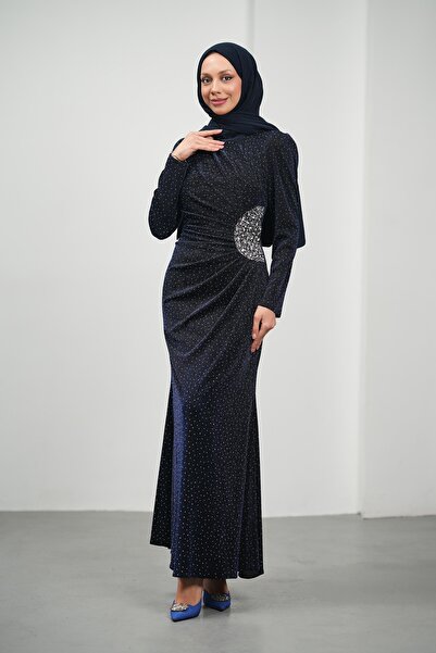 İmajButik Lacivert Önü Drapeli Taşlı Abiye