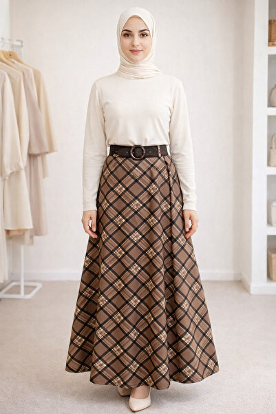ŞIK VE MUTLU Plaid Patterned Bell Model Hijab Skirt