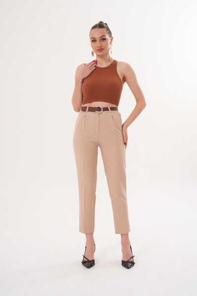 THE WOOW Women's High Waist Pleated Carrot Cut Beige Trousers with Belt Acces...