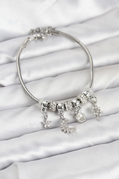 STİLLOVE سوار نسائي من النحاس الفضي اللون مع قلادة على شكل هلال