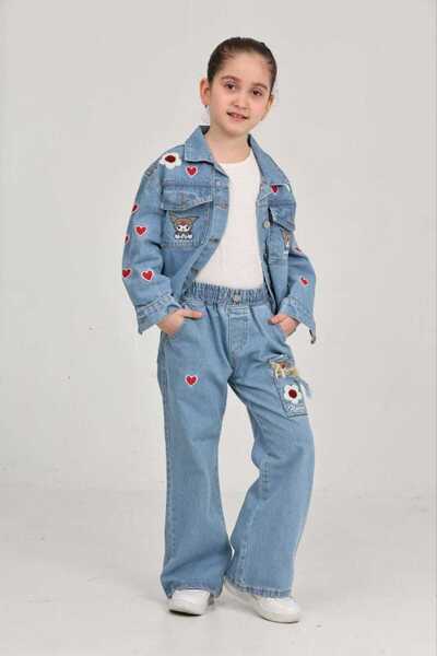 CANAN ÇAKMAK Kız Çocuk Kalp ve Çiçek İşlemeli Kot Takım