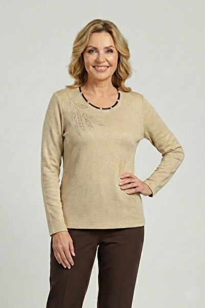 YXL COLLECTION Pulover din tricot moale cu imprimeu cu pietre, cu decolteu ro...