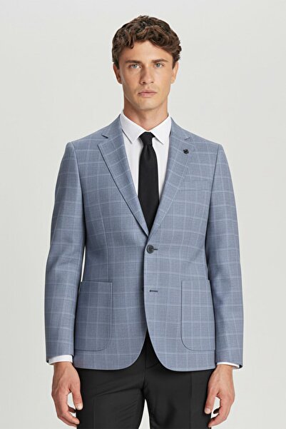 Sabri Özel Mavi Regular Fit Pamuklu Mono Yaka Ekose Desenli Ceket