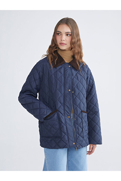 LC Waikiki LCW ModestLacivert Velvet Shirt Collar Oversize Palton pufos pentr...