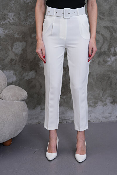 THE WOOW Women's Fabric Belted High Waist Pleated Carrot Cut White Trousers