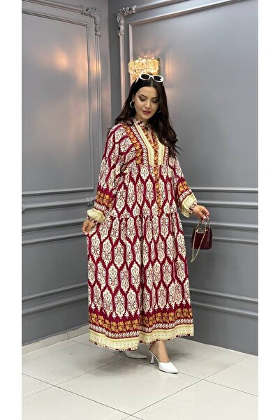 Cannes Şiya Ethnic Patterned Stand Collar Bohemian Dress Red Dress