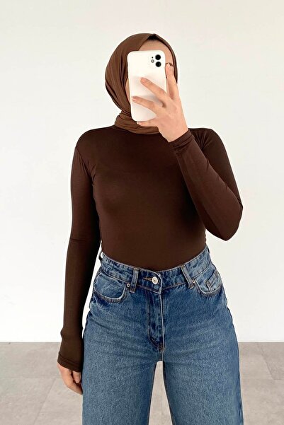 lamelif Body cu guler pe jumătate înalt, culoare uni, maro ciocolatiu