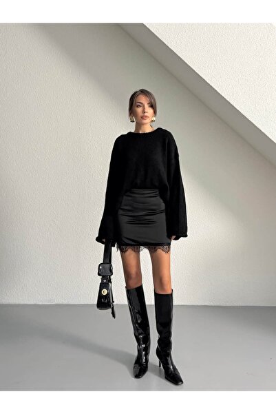 mydukkan.co Fustă mini din satin cu detalii din dantelă