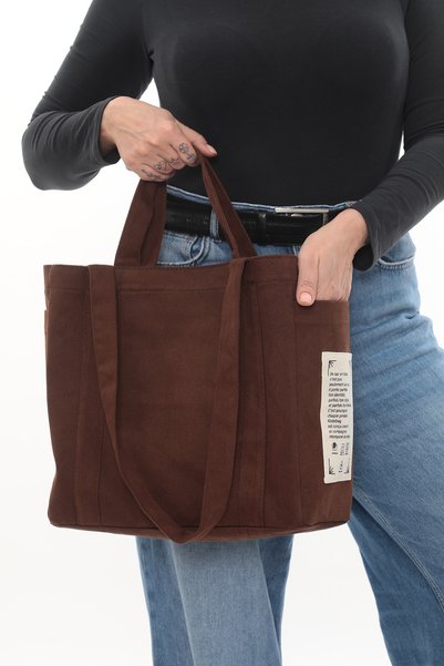 KOSTEBAG Brown Colored Embroidered 340Gr Gabardine Fabric Bag 34X31X14Cm with Double Side Pockets, Inner Pocket and Lining