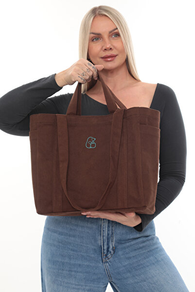 KOSTEBAG Kahverengi Renkli Nakışlı 340gr Gabardin Bez Çanta 34x31x14cm Çift Y...