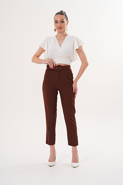 THE WOOW Women's Fabric Belted High Waist Pleated Carrot Cut Brown Trousers