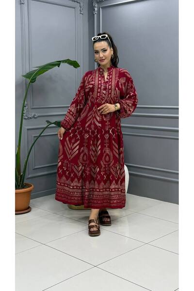 Cannes فستان ريانا شال أحمر أصلي بياقة منقوشة وتفاصيل ذهبية