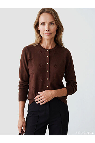 LC Waikiki Lcw Gracebrown Crew Neck Self-Patterned Women's Knitwear Cardigan