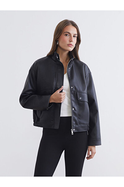 LC Waikiki Lcwaikiki Classicblack Stand Collar Women's Leather Look Jacket